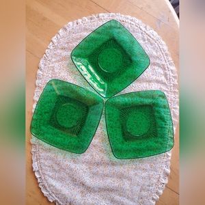 Set Of Three Vintage Anchor Hocking Charm Forest Green Glass Saucers